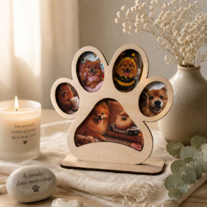 cadre photo souvenir en bois grande patte de chien